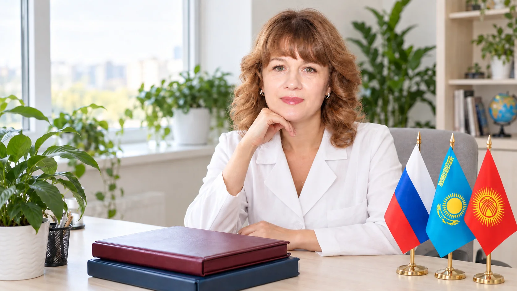 Женщина за столом с дипломами и флагами России, Казахстана и Кыргызстана