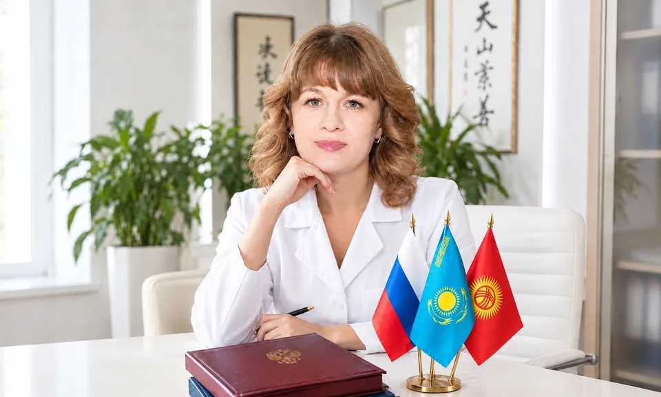 Преподаватель Академии 21 за столом с дипломами и флагами России, Казахстана и Кыргызстана